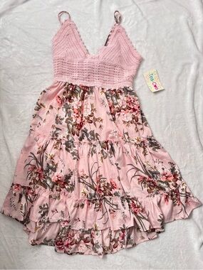 Tea Collection Pink Floral Crochet Bodice Tiered Dress
